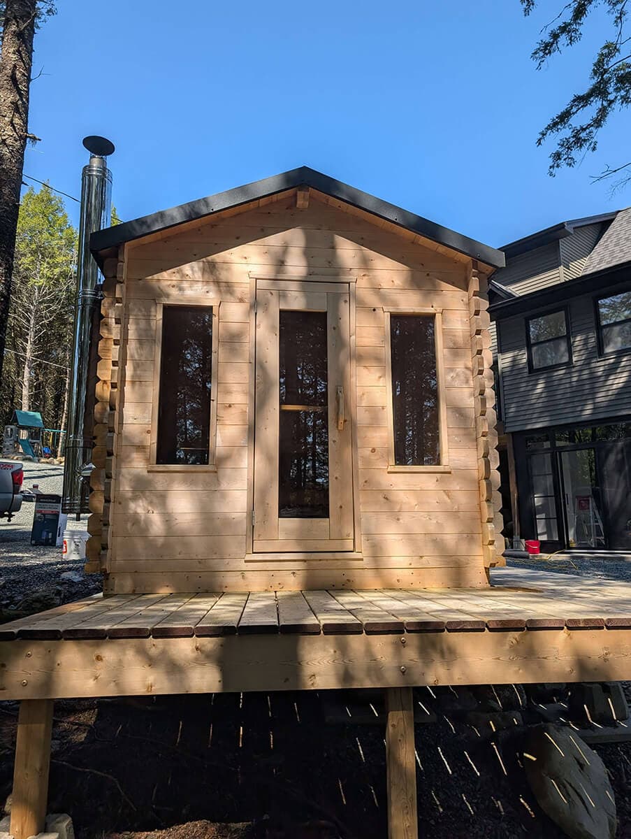 Exterior wood finish of elevated outdoor shed